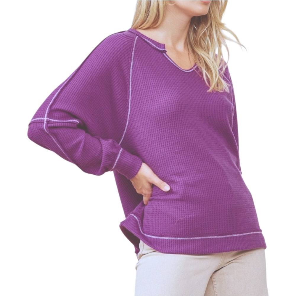 New Andree By Unit Waffle Henley Top Women Size M XL Purple